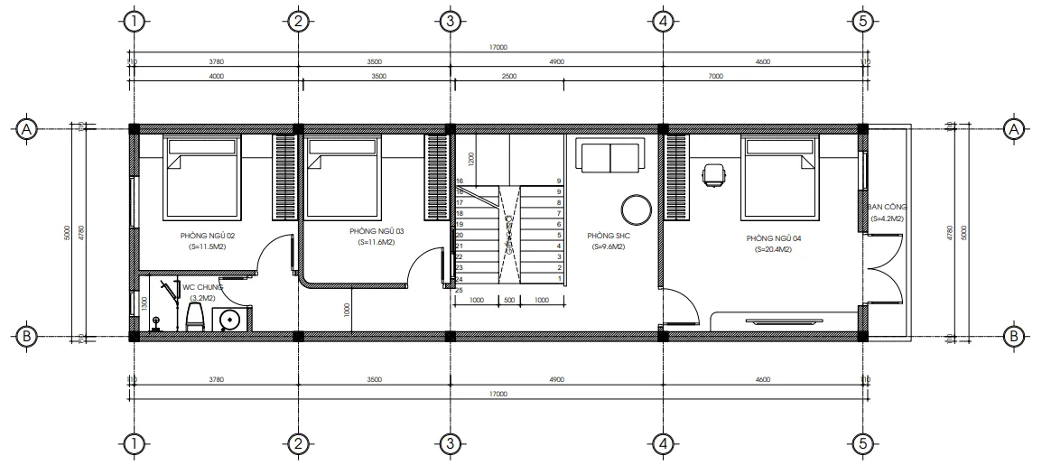 Bản vẽ chi tiết bố trí mặt bằng công năng tầng 2 mẫu nhà ống 3 tầng hiện đại diện tích 5x19.6m.