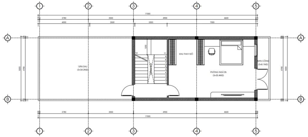 Bản vẽ chi tiết bố trí mặt bằng công năng tầng 3 mẫu nhà ống 3 tầng hiện đại diện tích 5x19.6m.