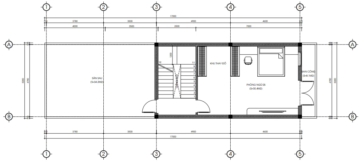 Bản vẽ chi tiết bố trí mặt bằng công năng tầng 3 mẫu nhà ống 3 tầng hiện đại diện tích 5x19.6m.