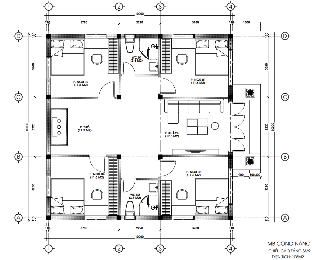 Bản vẽ bố trí mặt bằng công năng chi tiết mẫu nhà mái nhật 4 phòng ngủ diện tích 105m2.