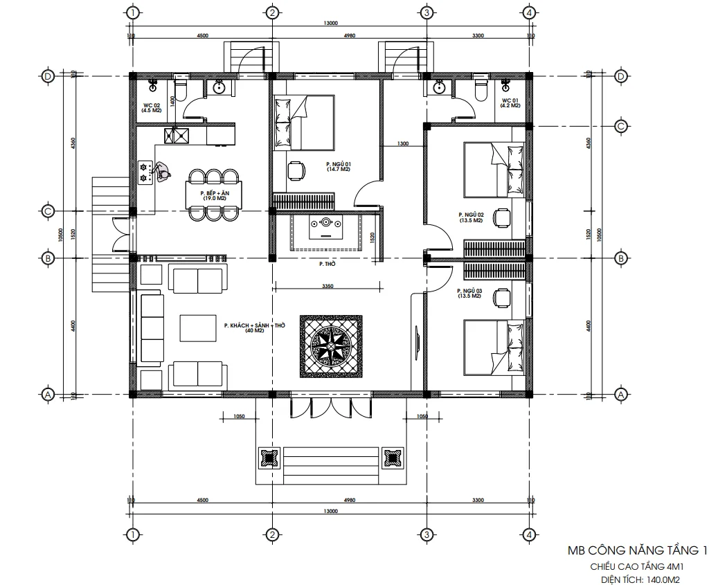 Bản vẽ bố trí công năng tầng 1 chi tiết của mẫu nhà mái nhật 1 tầng đẹp diện tích 140m2 tại Thọ Phú.