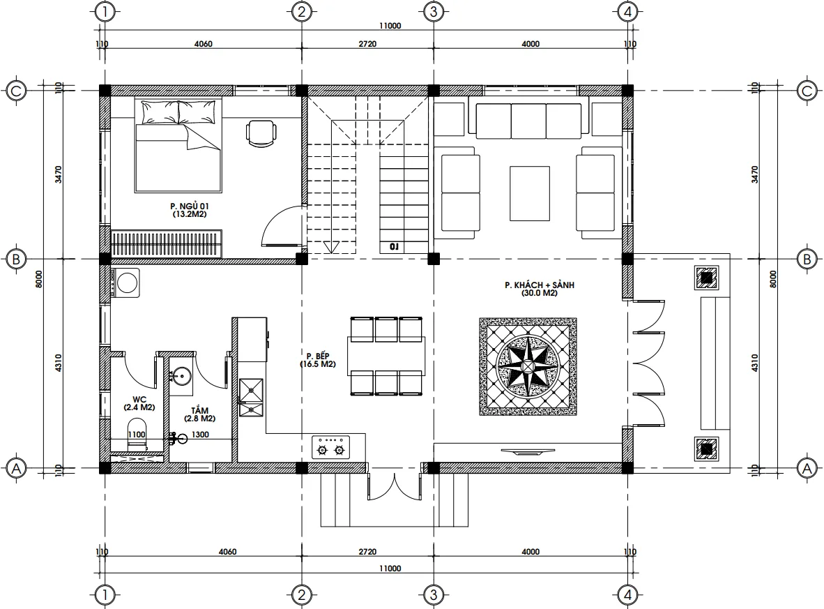 Bản vẽ kỹ thuật mặt bằng tầng 1 biệt thự 2 tầng mái Thái diện tích 91m2 gồm khách bếp và 1 phòng ngủ.