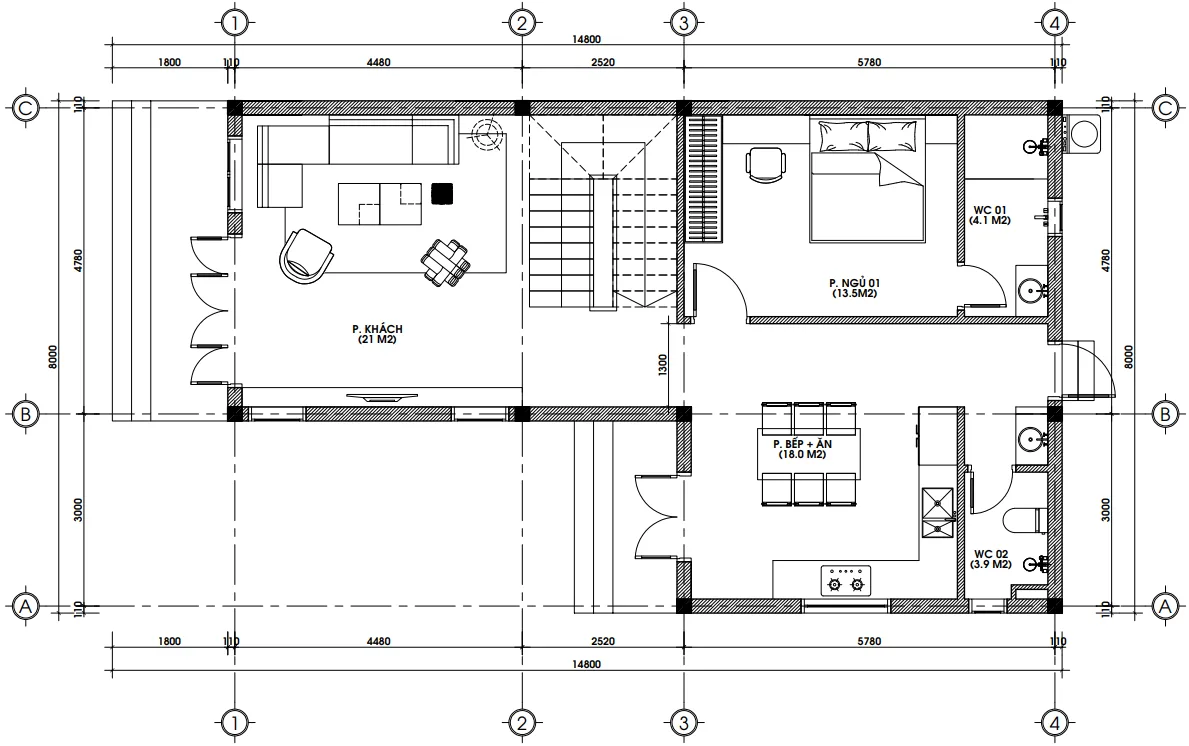 Bản vẽ bố trí công năng tầng 1 mẫu nhà 2 tầng mái bằng hiện đại diện tích 95m2.