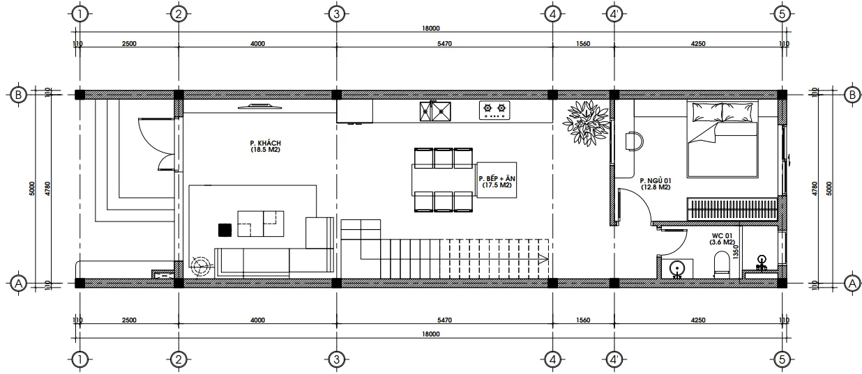 Bản vẽ bố trí mặt bằng công năng tầng 1 mẫu nhà ống 3 tầng mái bằng hiện đại diện tích 87m2 tại Hưng Yên.