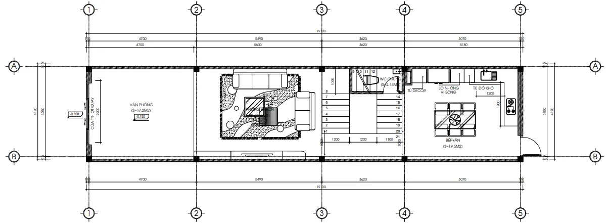 Bản vẽ bố trí mặt bằng công năng tầng 1 kết hợp văn phòng của mẫu nhà ống tân cổ điển 3 tầng đẹp.
