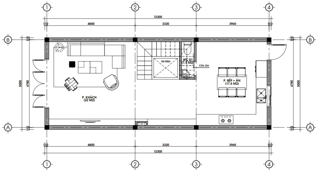 Bản vẽ mặt bằng công năng tầng 1 diện tích 62m2 mẫu nhà ống 2 tầng 1 tum đẹp có phòng khách và bếp ăn thông nhau.