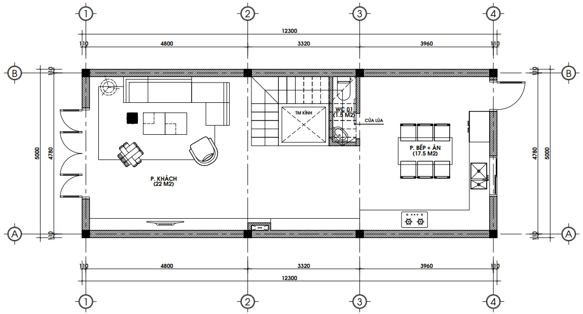Bản vẽ mặt bằng công năng tầng 1 diện tích 62m2 mẫu nhà ống 2 tầng 1 tum đẹp có phòng khách và bếp ăn thông nhau.