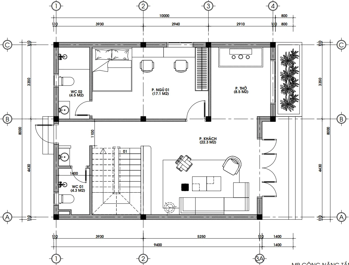 Bản vẽ bố trí mặt bằng công năng tầng 1 mẫu nhà ống 2 tầng 8x10m sàn 85m2.