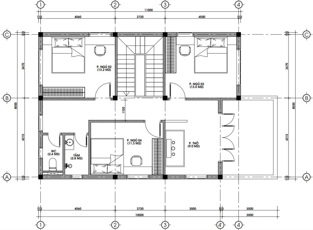 Bản vẽ kỹ thuật mặt bằng tầng 1 biệt thự 2 tầng mái Thái diện tích 91m2 gồm khách bếp và 1 phòng ngủ.