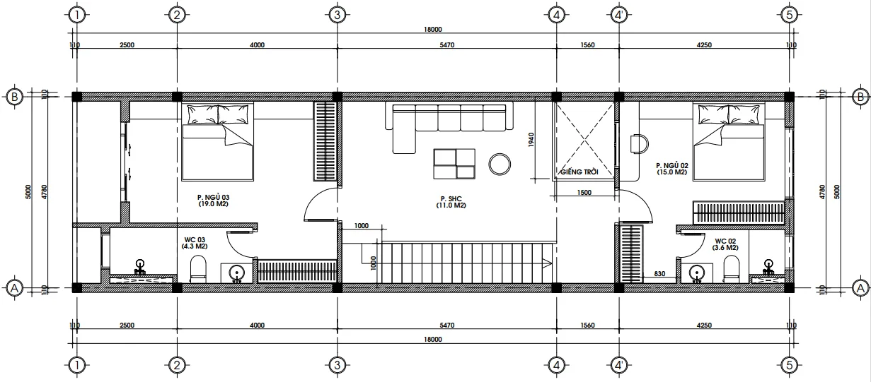 Bản vẽ bố trí mặt bằng công năng tầng 2 mẫu nhà ống 3 tầng mái bằng hiện đại gồm 2 phòng ngủ và 1 phòng sinh hoạt chung.