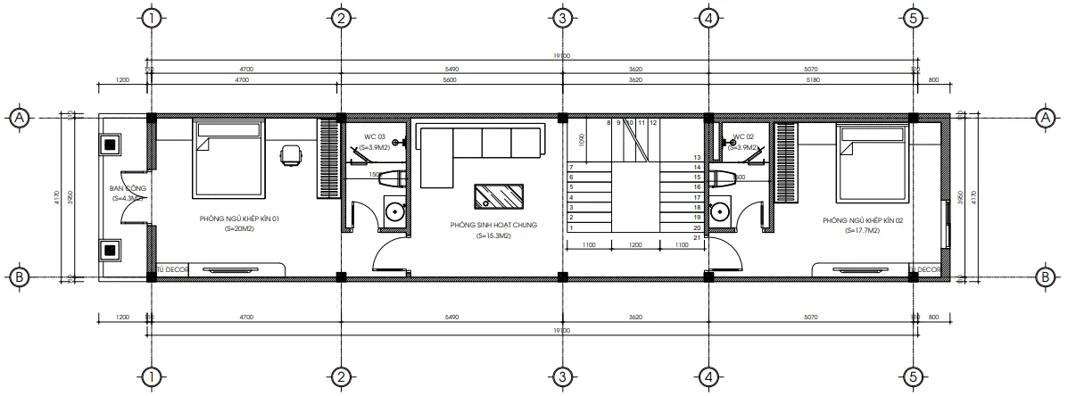 Bản vẽ bố trí mặt bằng công năng tầng 2 diện tích 88m2 của mẫu nhà ống tân cổ điển 3 tầng đẹp.