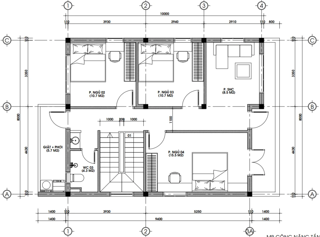 Bản vẽ bố trí mặt bằng công năng tầng 2 mẫu nhà ống 2 tầng 8x10m có 3 phòng ngủ.