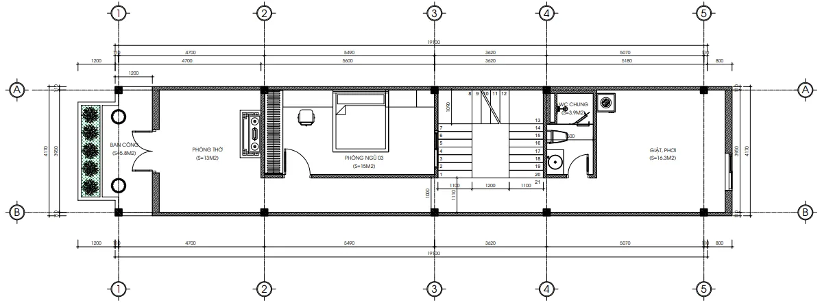 Bản vẽ bố trí mặt bằng công năng tầng 3 diện tích 87m2 của mẫu nhà ống tân cổ điển 3 tầng đẹp.