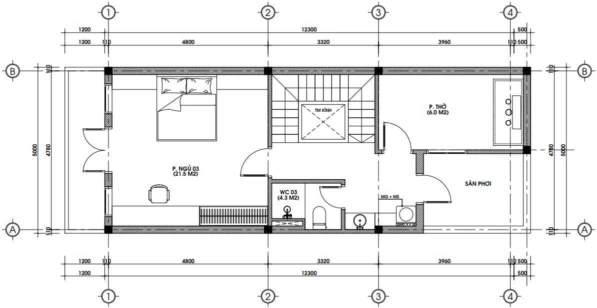 Bản vẽ công năng tầng tum mẫu nhà ống 2 tầng 1 tum đẹp gồm phòng thờ, 1 phòng ngủ và sân phơi.