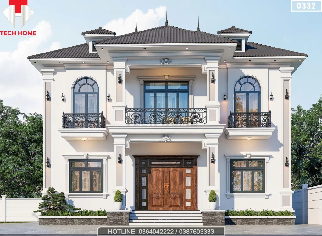 Phối cảnh mặt tiền chính diện mẫu biệt thự 2 tầng mái Nhật tân cổ điển sang trọng tại Phú Thọ - Kiến trúc Techhome.