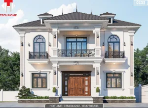 Phối cảnh mặt tiền chính diện mẫu biệt thự 2 tầng mái Nhật tân cổ điển sang trọng tại Phú Thọ - Kiến trúc Techhome.