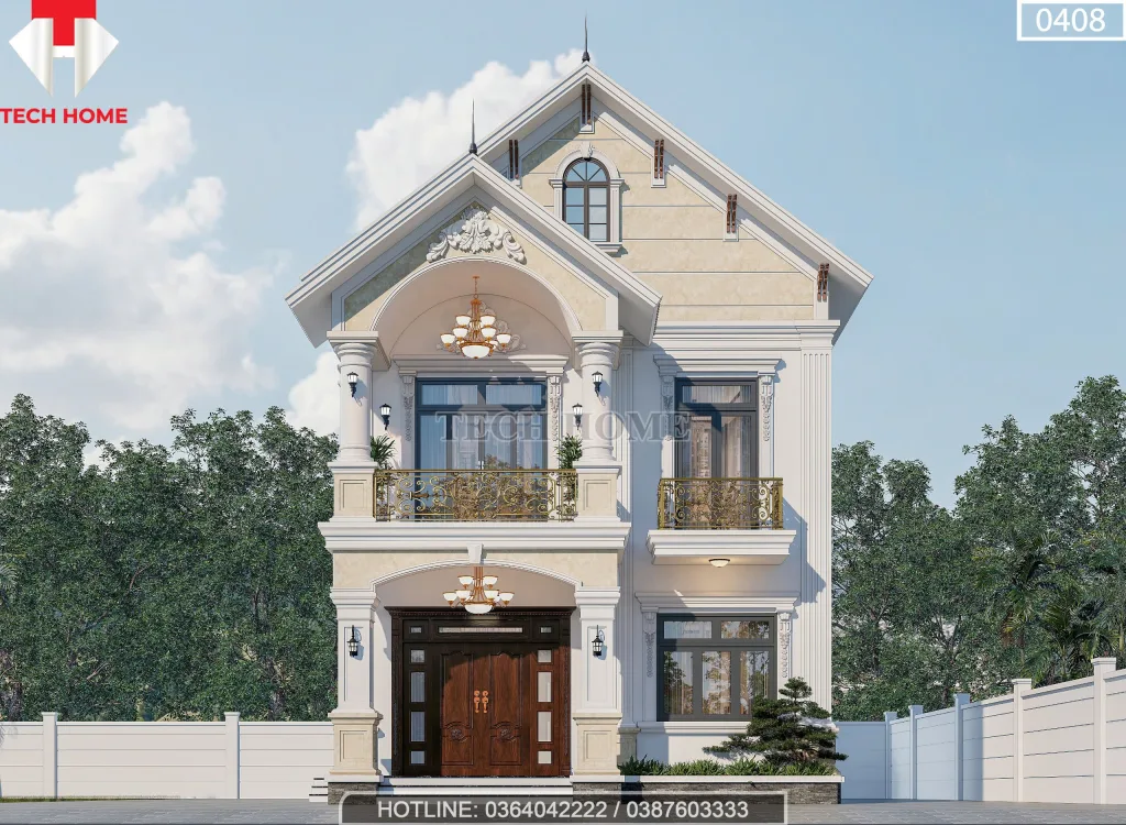 Phối cảnh mặt tiền chính diện mẫu biệt thự 2 tầng mái Thái tân cổ điển sang trọng tại Hải Phòng.