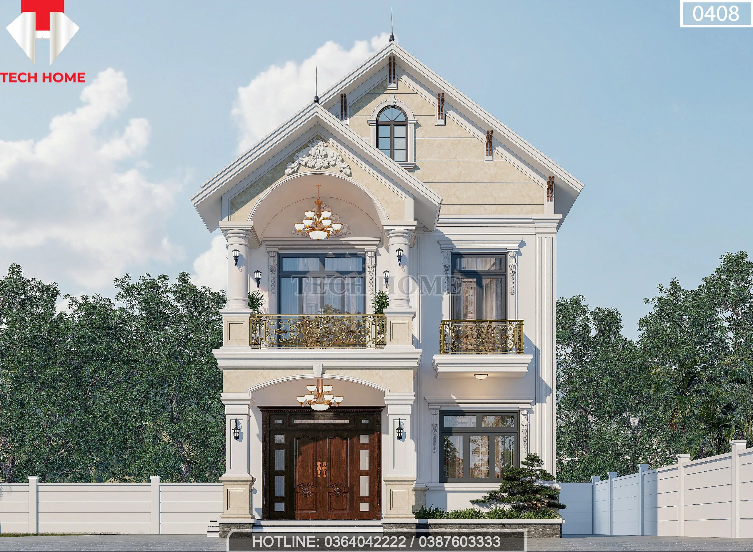 Phối cảnh mặt tiền chính diện mẫu biệt thự 2 tầng mái Thái tân cổ điển sang trọng tại Hải Phòng.