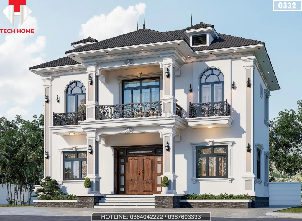 Chi tiết phào chỉ ngoại thất và lan can sắt mỹ nghệ của biệt thự 2 tầng mái Nhật tân cổ điển.