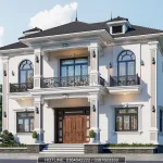 Chi tiết phào chỉ ngoại thất và lan can sắt mỹ nghệ của biệt thự 2 tầng mái Nhật tân cổ điển.