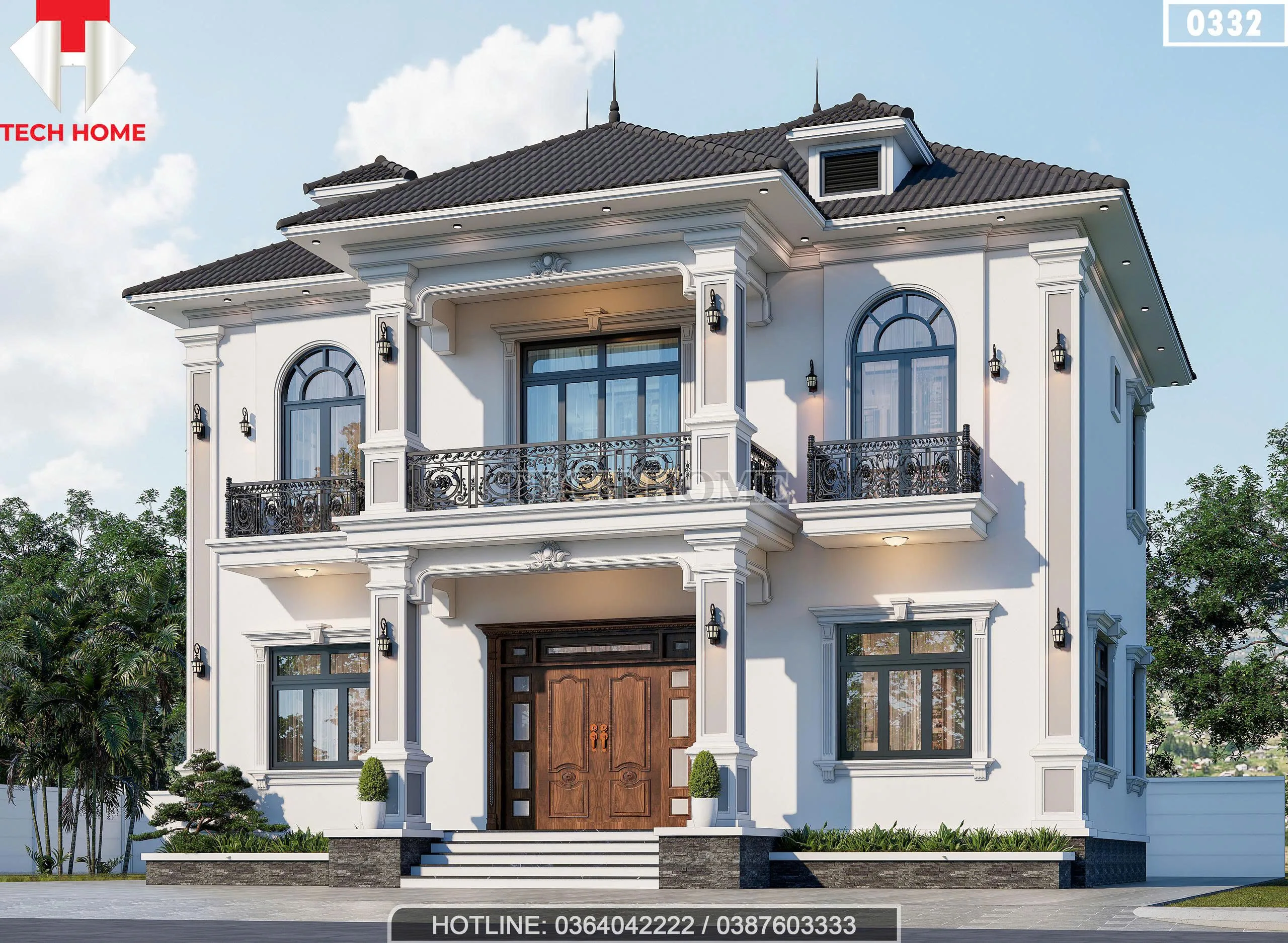 Chi tiết phào chỉ ngoại thất và lan can sắt mỹ nghệ của biệt thự 2 tầng mái Nhật tân cổ điển.