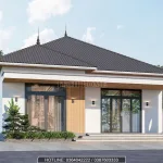 Chi tiết sảnh hiên, bồn hoa và mảng tường ốp gỗ nhựa composite của mẫu nhà cấp 4 mái nhật đẹp Techhome.