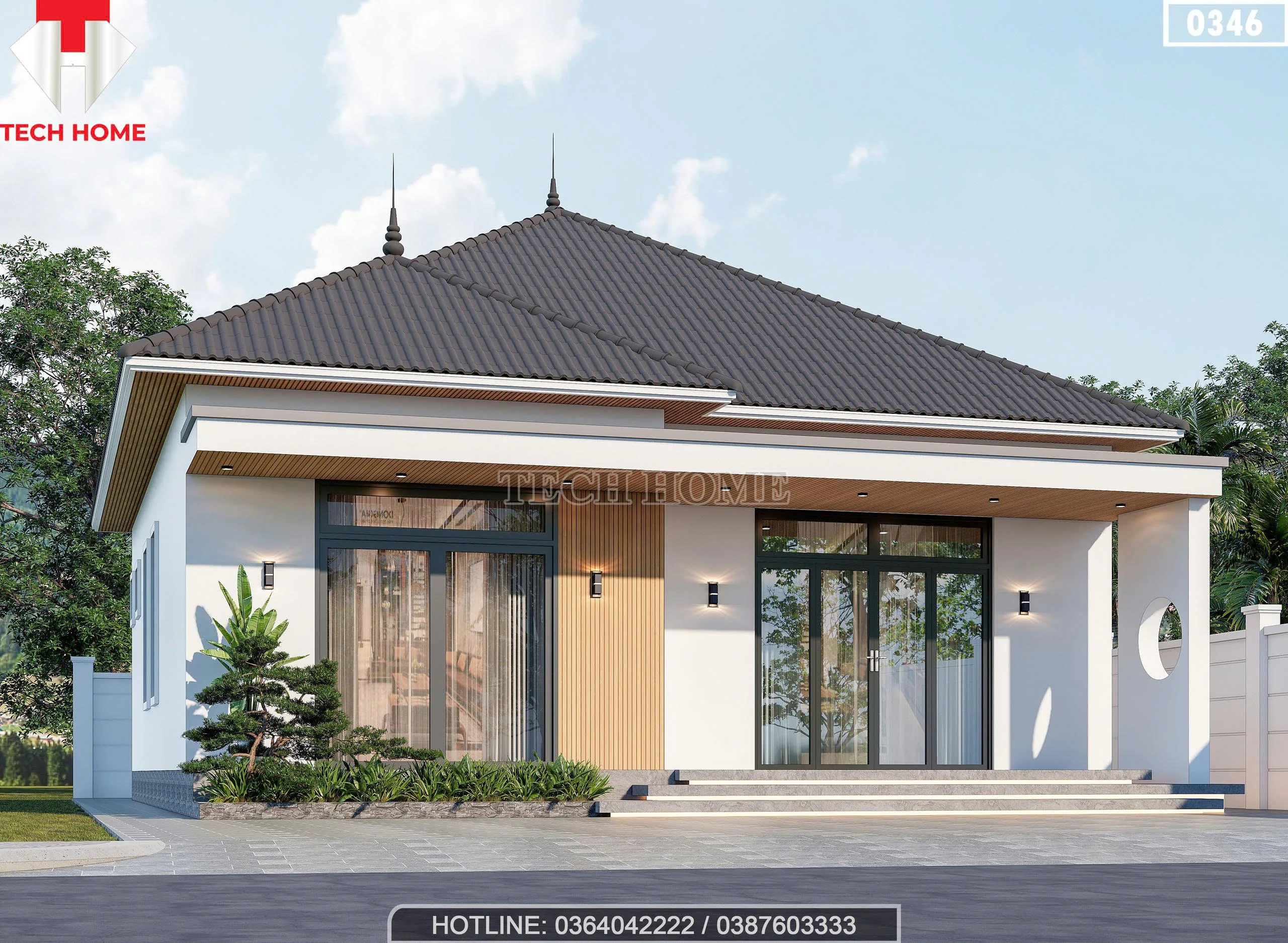 Chi tiết sảnh hiên, bồn hoa và mảng tường ốp gỗ nhựa composite của mẫu nhà cấp 4 mái nhật đẹp Techhome.