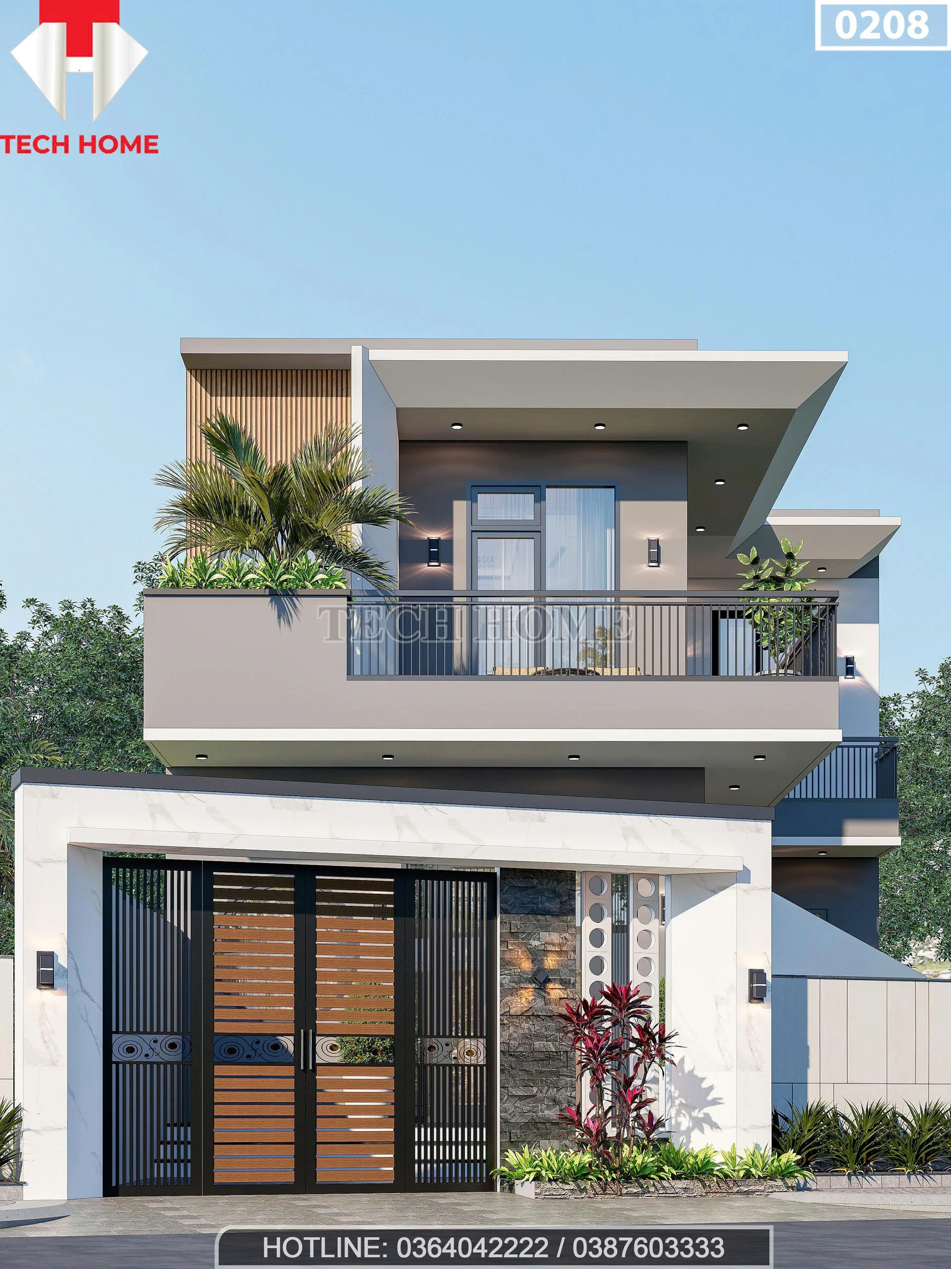 Hệ thống cổng và tường rào đồng bộ của mẫu nhà 2 tầng mái bằng hiện đại tại Thái Bình.