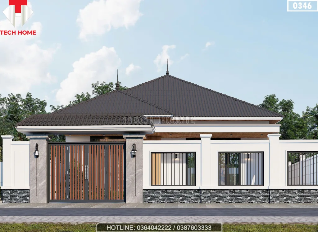 Hệ thống cổng và tường rào bê tông kiên cố đồng bộ kiến trúc với mẫu nhà cấp 4 mái nhật đẹp vùng ngoại ô.