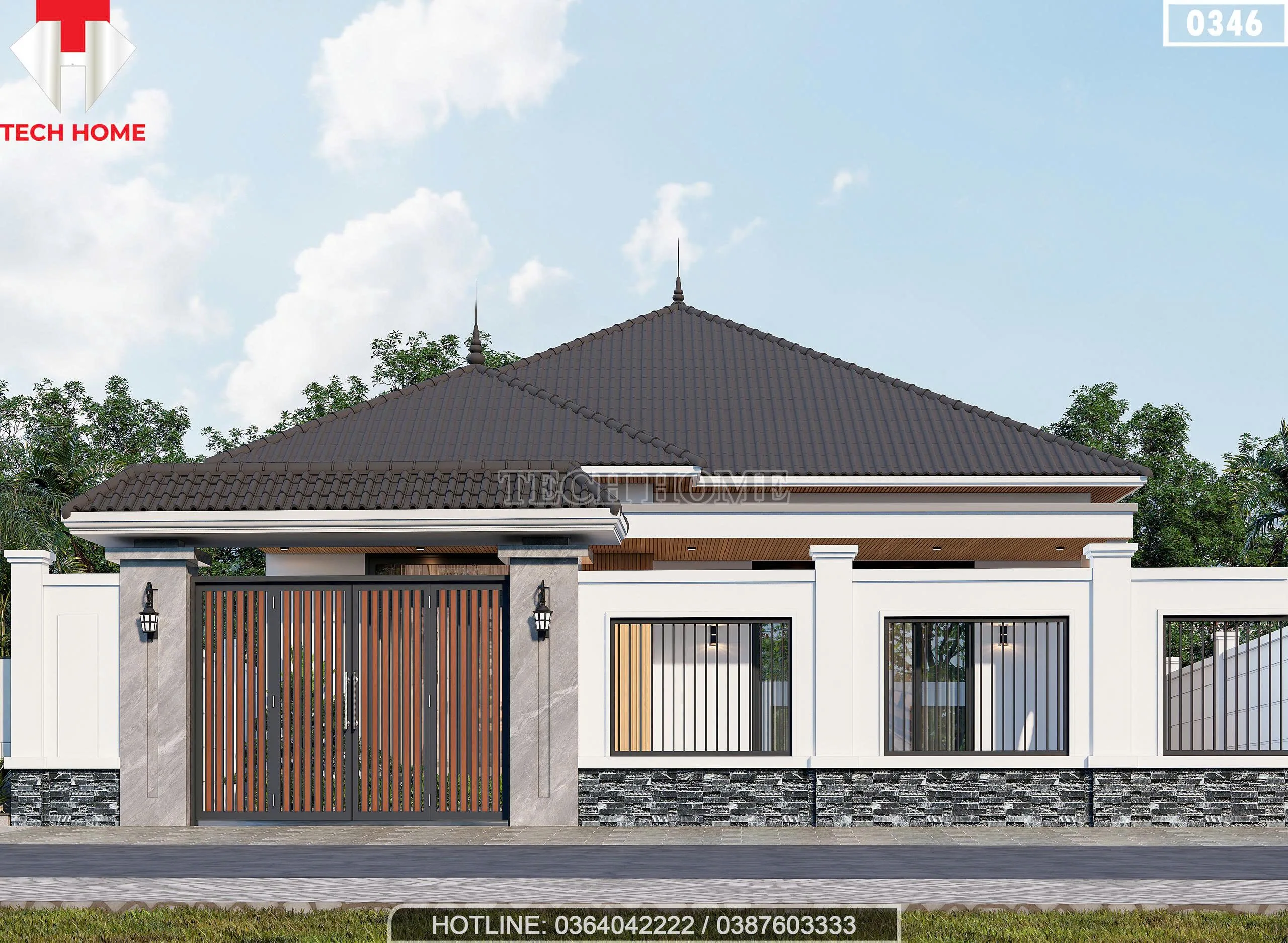 Hệ thống cổng và tường rào bê tông kiên cố đồng bộ kiến trúc với mẫu nhà cấp 4 mái nhật đẹp vùng ngoại ô.