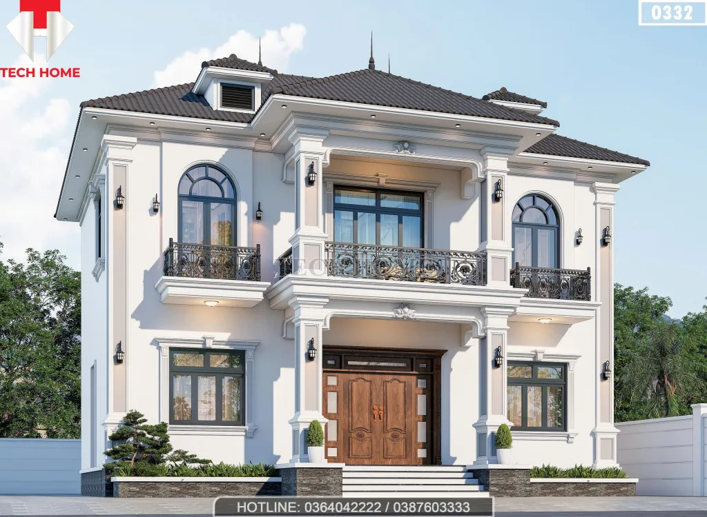 Phối cảnh góc nghiêng bên trái mẫu biệt thự 2 tầng mái Nhật tân cổ điển với hệ cửa sổ vòm kiểu Pháp cổ.