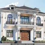 Phối cảnh góc nghiêng bên trái mẫu biệt thự 2 tầng mái Nhật tân cổ điển với hệ cửa sổ vòm kiểu Pháp cổ.