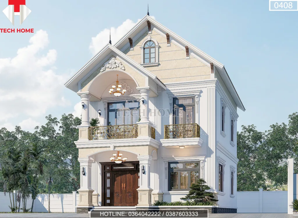 Hệ thống cửa sổ nhôm kính lấy sáng hiện đại quanh ngôi biệt thự 2 tầng mái Thái.