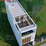 Toàn cảnh không gian sân sau và giếng trời thông tầng mẫu nhà ống 3 tầng mái bằng hiện đại diện tích 87m2.