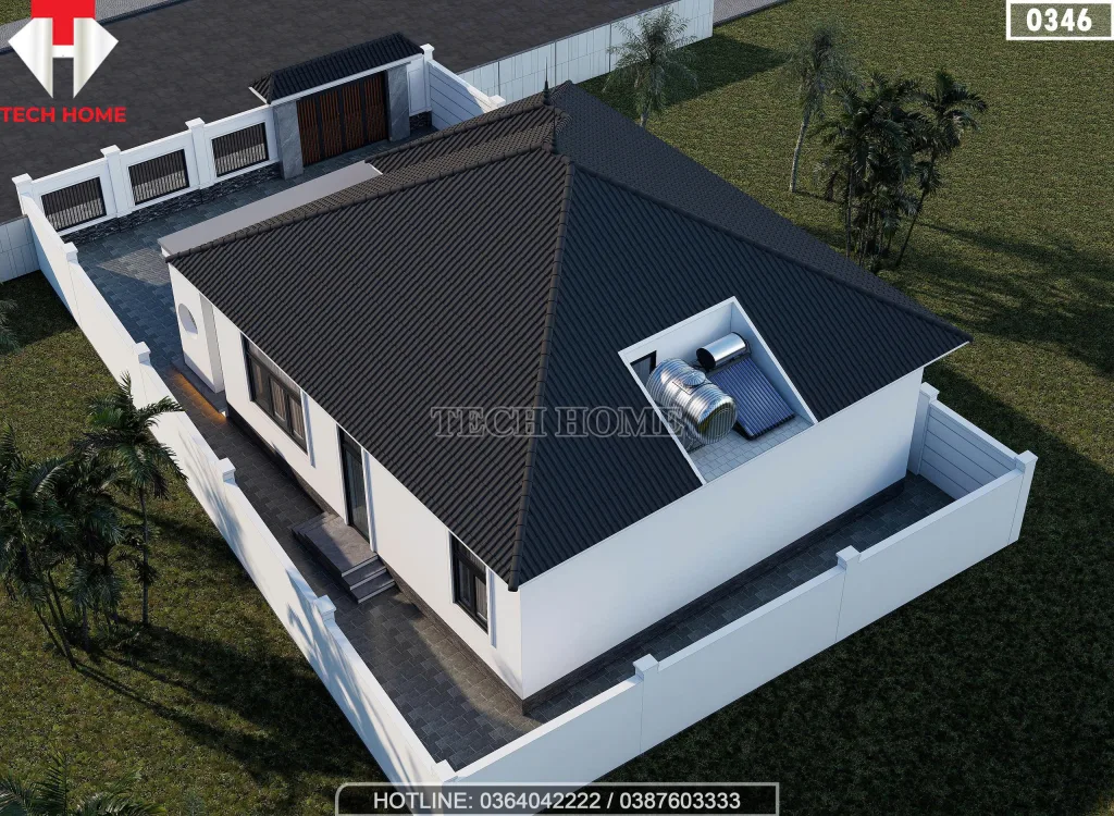 Phối cảnh phía sau mẫu nhà cấp 4 mái nhật đẹp cho thấy vị trí giấu bồn nước và thái dương năng tinh tế.