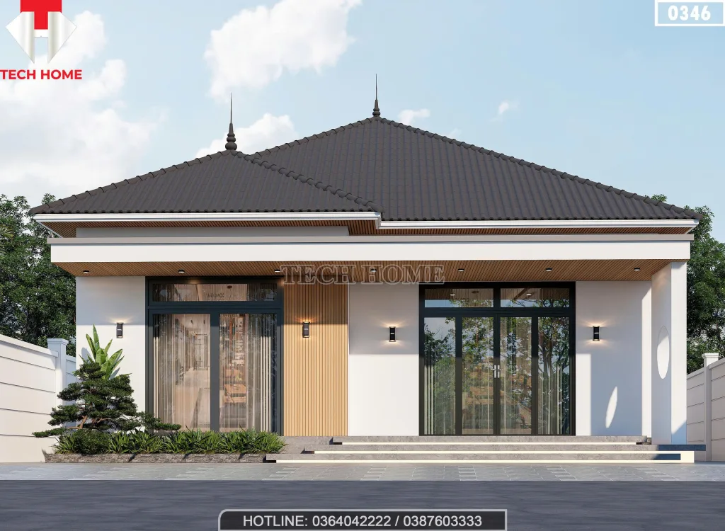 Phối cảnh mặt tiền chính diện mẫu nhà cấp 4 mái nhật đẹp hiện đại rộng 138m2 của gia đình anh Tân tại Hà Nội.