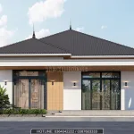 Phối cảnh mặt tiền chính diện mẫu nhà cấp 4 mái nhật đẹp hiện đại rộng 138m2 của gia đình anh Tân tại Hà Nội.