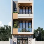 Phối cảnh mặt tiền chính diện mẫu nhà ống 2 tầng 1 tum đẹp phong cách hiện đại tại Việt Hưng Hà Nội.