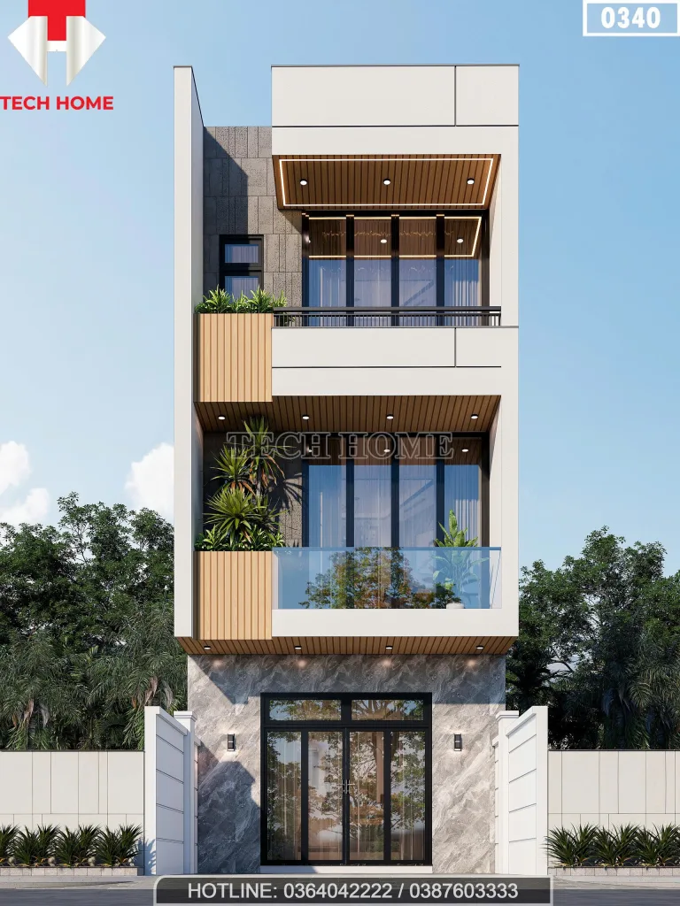 Phối cảnh mặt tiền chính diện mẫu nhà ống 2 tầng 1 tum đẹp phong cách hiện đại tại Việt Hưng Hà Nội.