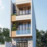 Góc nghiêng bên trái mẫu nhà ống 2 tầng 1 tum đẹp nổi bật với hệ cửa nhôm kính xingfa kịch trần.