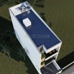 Tổng thể góc nhìn từ trên cao mẫu nhà ống 2 tầng 1 tum đẹp lợp mái tôn lạnh chống nóng và hệ thống giếng trời.