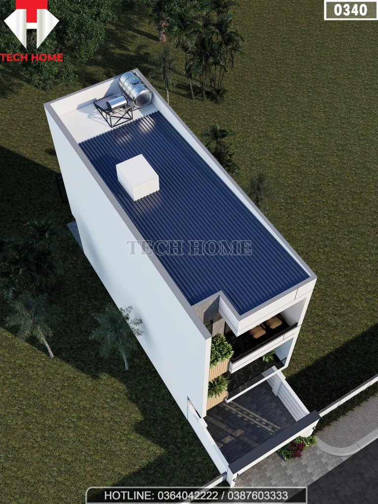 Tổng thể góc nhìn từ trên cao mẫu nhà ống 2 tầng 1 tum đẹp lợp mái tôn lạnh chống nóng và hệ thống giếng trời.