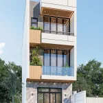 Phối cảnh góc nghiêng mặt tiền mẫu nhà ống 2 tầng 1 tum đẹp ốp nhựa giả gỗ và đá granite sang trọng.