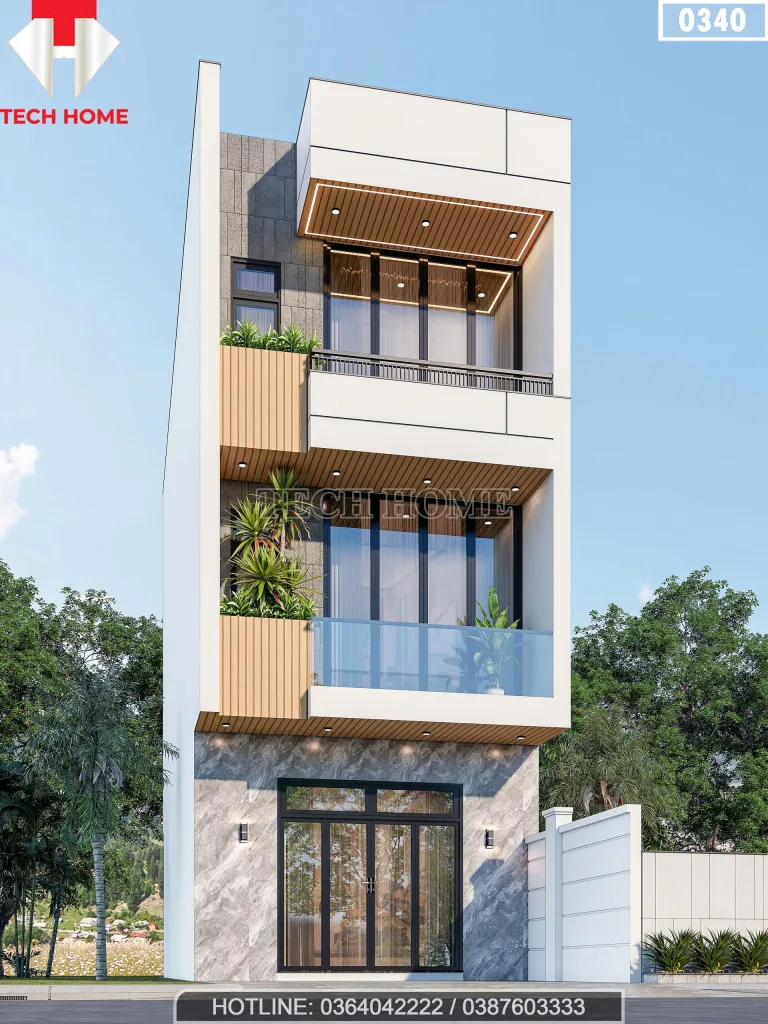 Phối cảnh góc nghiêng mặt tiền mẫu nhà ống 2 tầng 1 tum đẹp ốp nhựa giả gỗ và đá granite sang trọng.