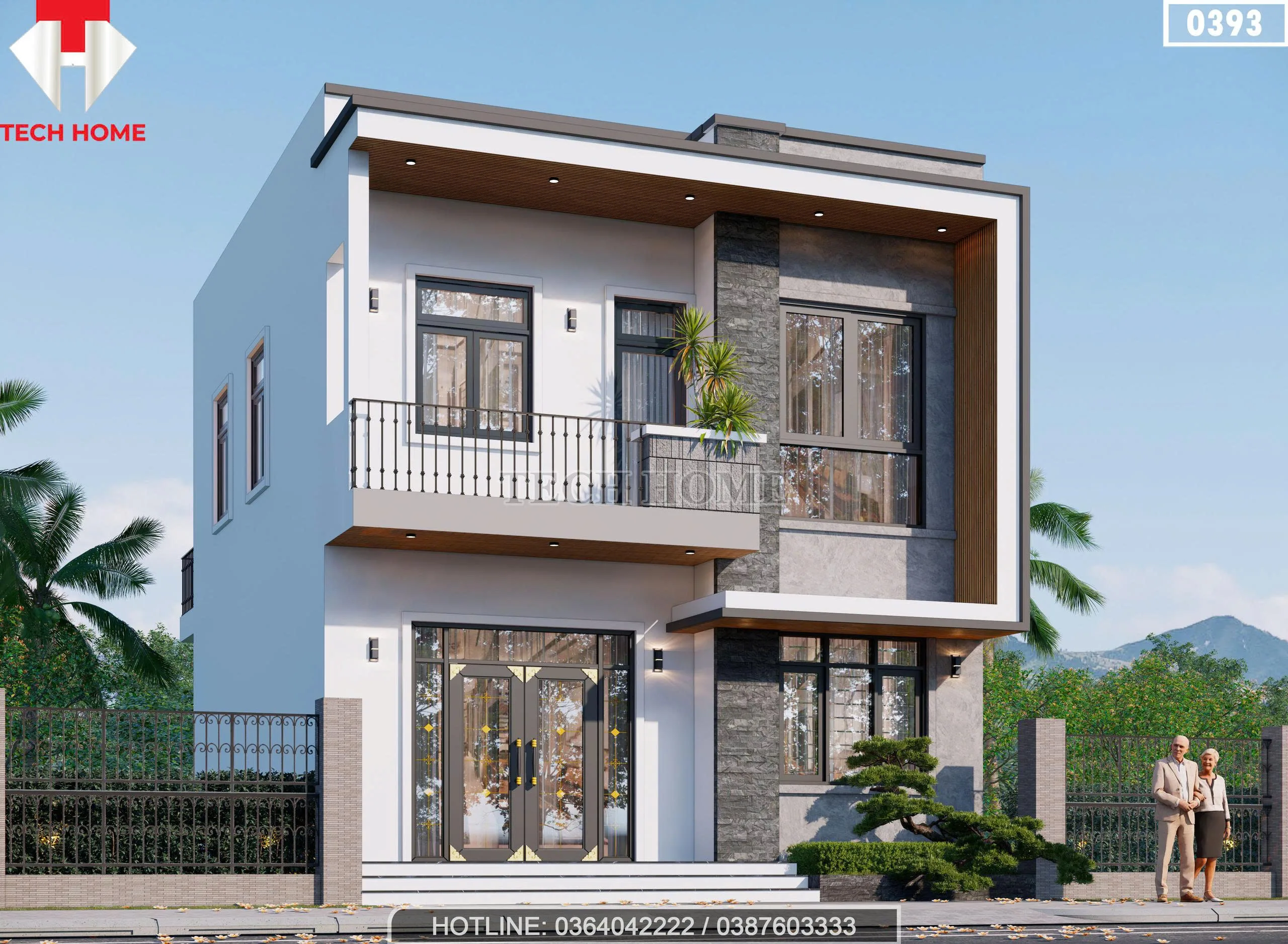 Góc nghiêng phải mẫu nhà ống 2 tầng 8x10m mái bằng có ban công thoáng mát.