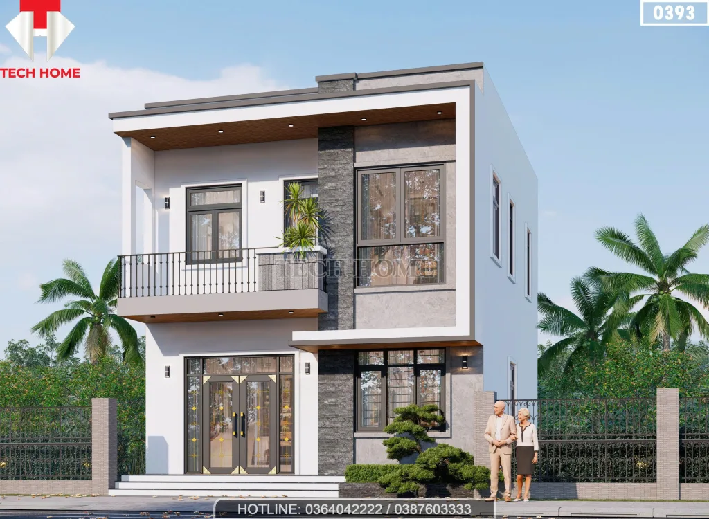 Phối cảnh góc nghiêng mẫu nhà ống 2 tầng 8x10m kiến trúc hiện đại trẻ trung.
