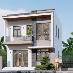 Phối cảnh góc nghiêng mẫu nhà ống 2 tầng 8x10m kiến trúc hiện đại trẻ trung.