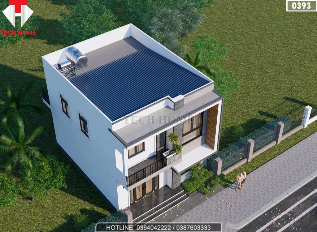 Góc nhìn tổng thể từ trên cao mẫu nhà ống 2 tầng 8x10m mái bằng lợp tôn chống nóng.