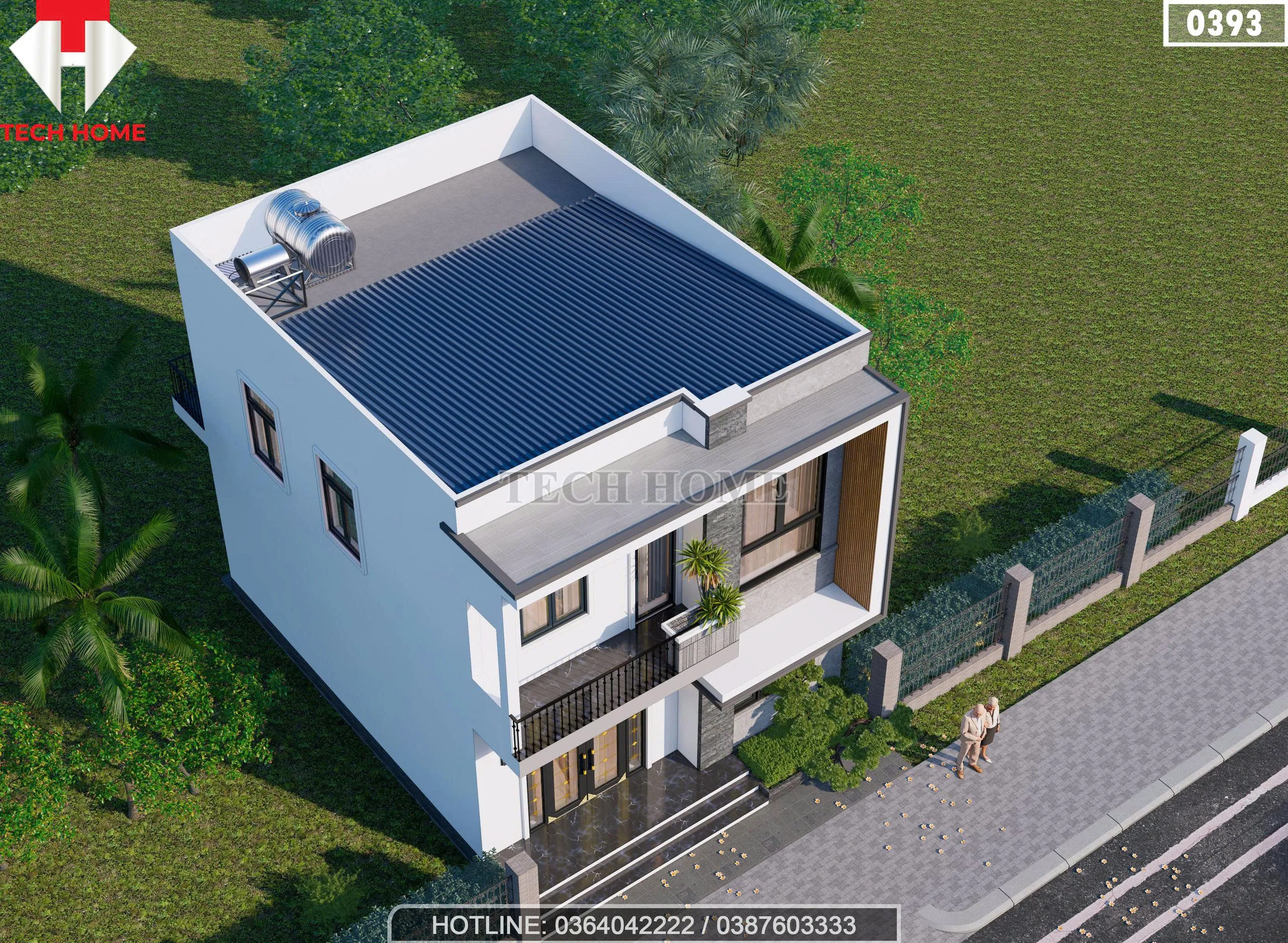 Góc nhìn tổng thể từ trên cao mẫu nhà ống 2 tầng 8x10m mái bằng lợp tôn chống nóng.