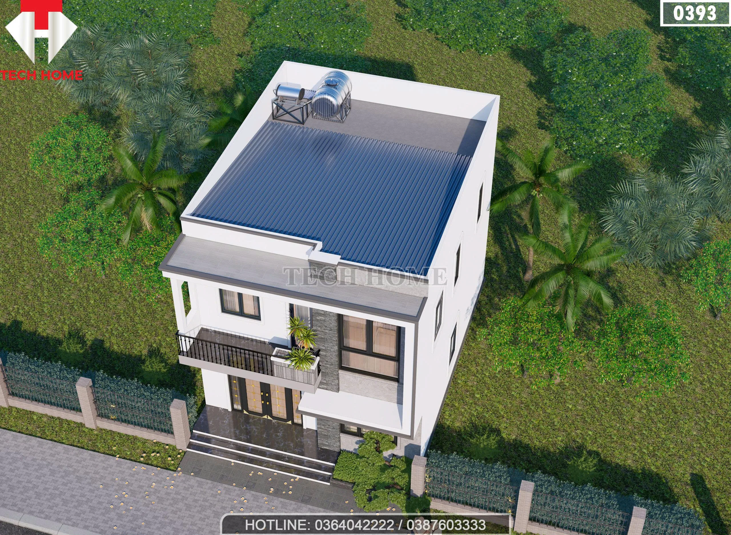 Tổng thể khuôn viên sân vườn mẫu nhà ống 2 tầng 8x10m nhìn từ trên cao.